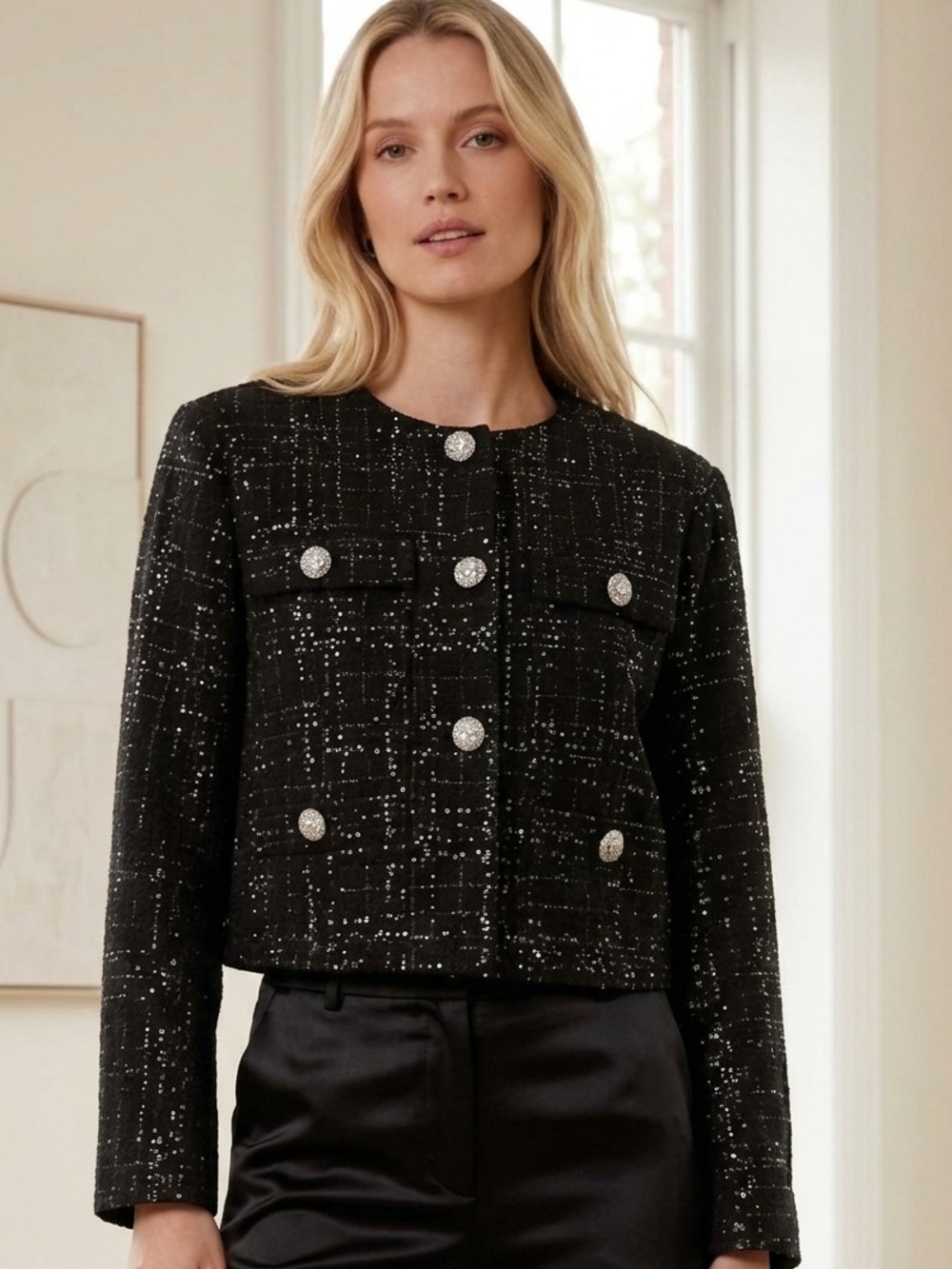 Maje Black Tweed Boxy Cropped Blazer with Crystal Buttons
